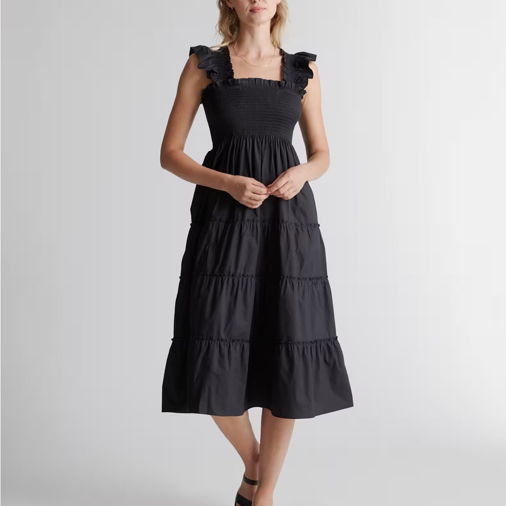 NWT Quince 100% Organic Cotton Poplin Smocked Midi Dress- Black Size L. - Picture 3 of 10